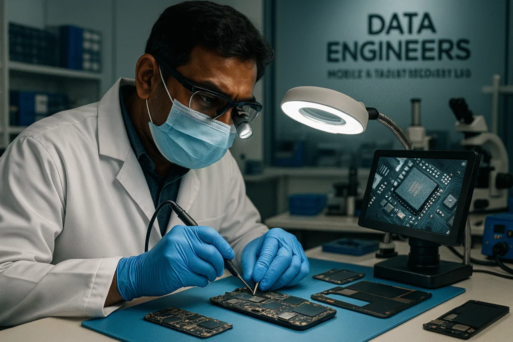 mobile data recovery dead phone no power boot issue shorted board encrypted virus water damage android iphone samsung secure lab cleanroom deleted files formatted corrupted www.dataengineers.in