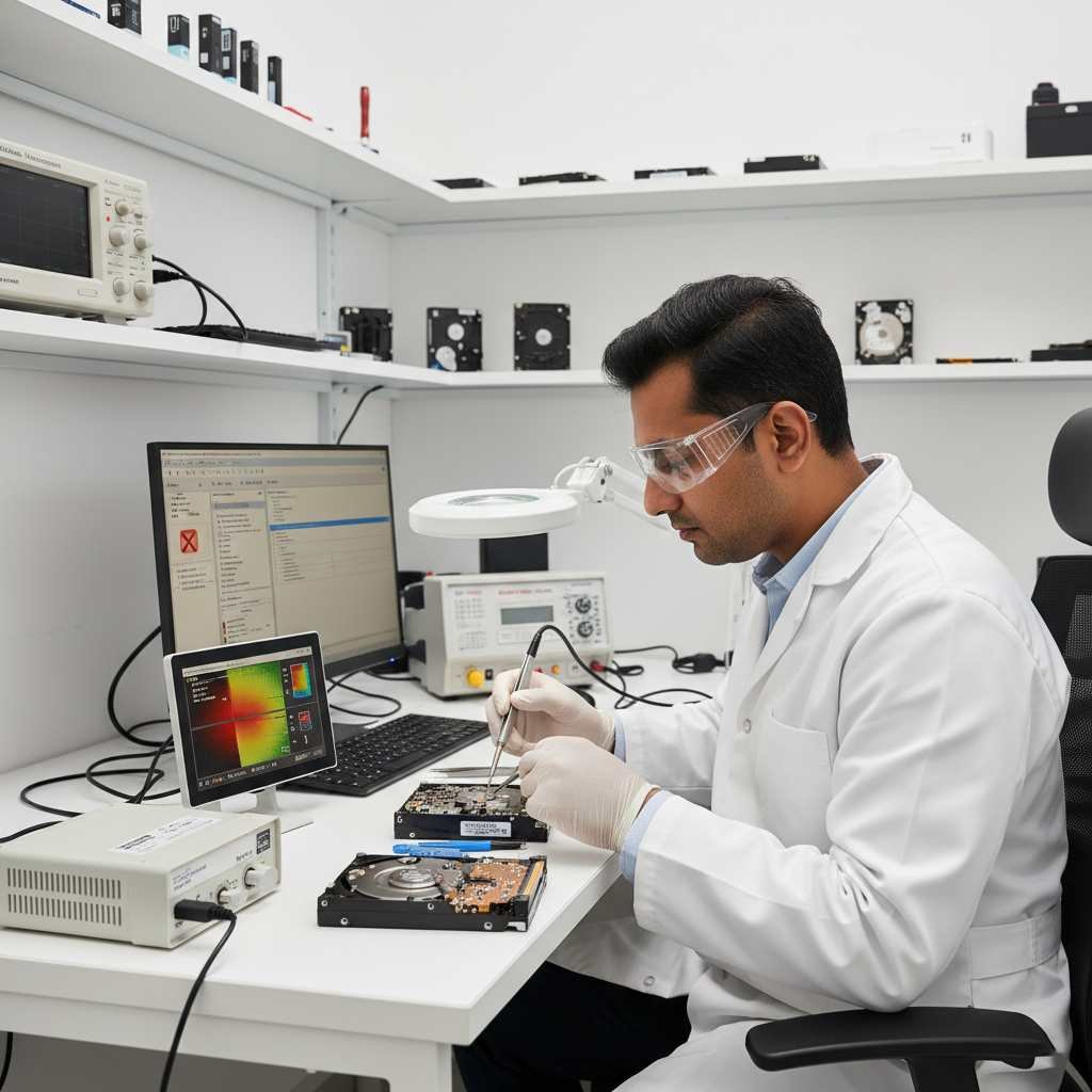 Data recovery expert working on hard drives in a clean lab. Repairing PCBs and diagnosing issues like overheating or power failures. Visit www.dataengineers.in