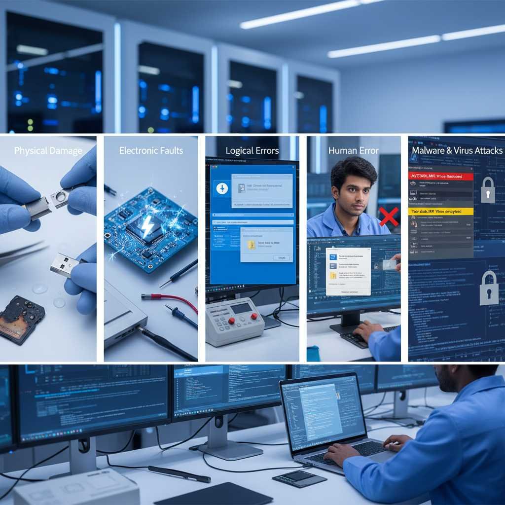 Modern data recovery lab with Indian engineers expertly handling physical damage, electronic faults, logical errors, human mistakes, and malware attacks on USB and memory devices www.dataengineers.in
