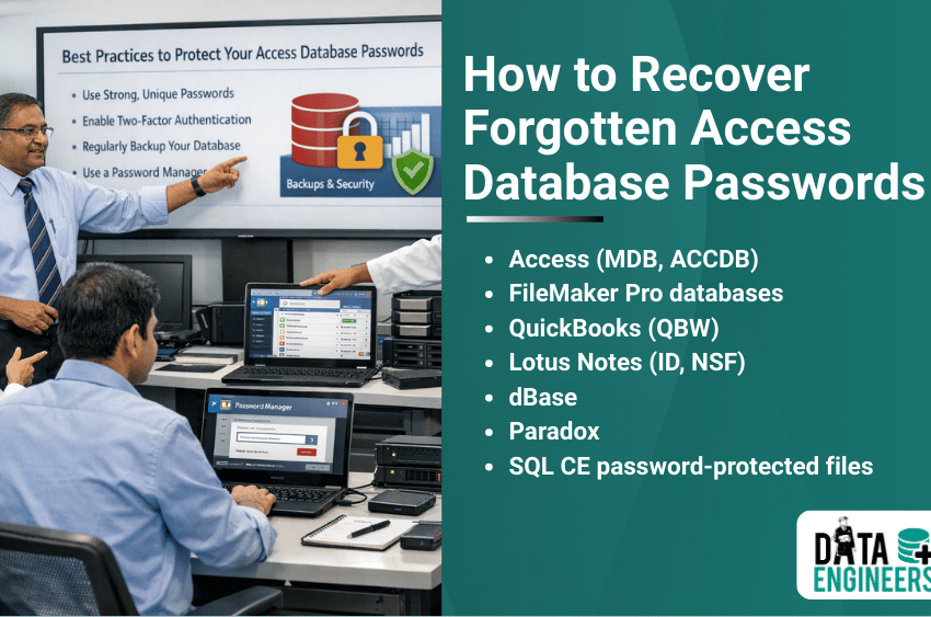 How to Recover Forgotten Access Database Passwords Access (MDB, ACCDB) FileMaker Pro databases QuickBooks (QBW) Lotus Notes (ID, NSF) dBase Paradox SQL CE password-protected files