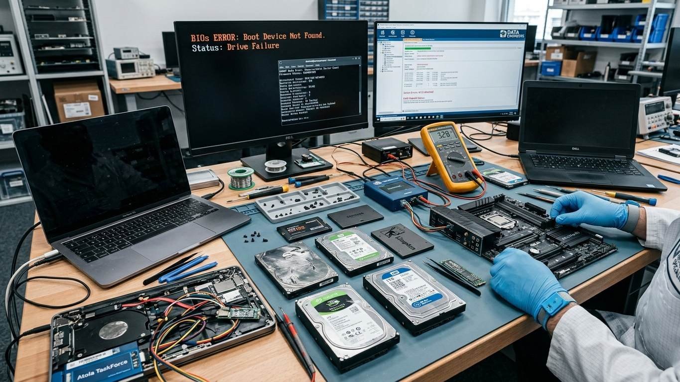 boot failure causes hard drive ssd os corruption bios firmware loose cables power supply motherboard data recovery laptop desktop servers professional services india www.dataengineers.in