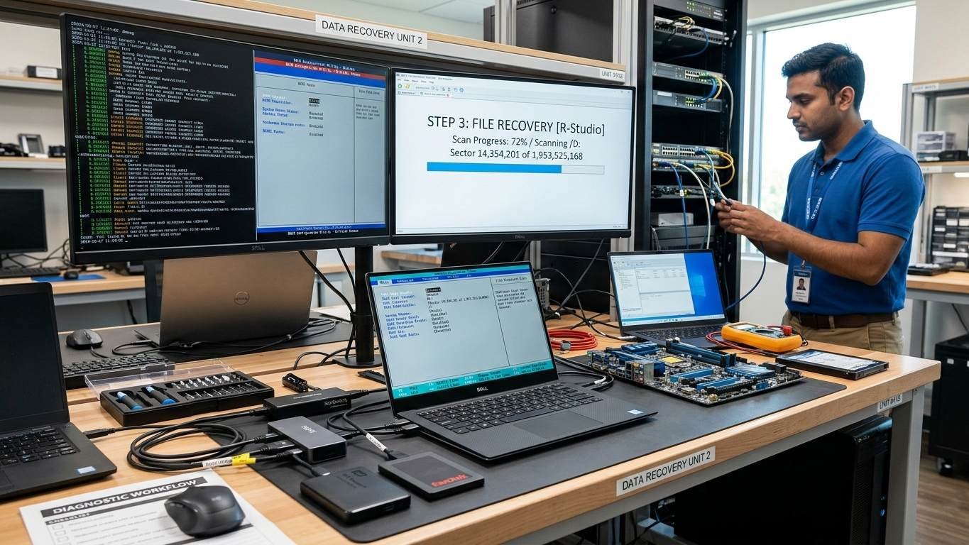 boot failure diagnosis step by step laptop desktop hdd ssd bios ueufi hardware connections drive errors professional data recovery india www.dataengineers.in