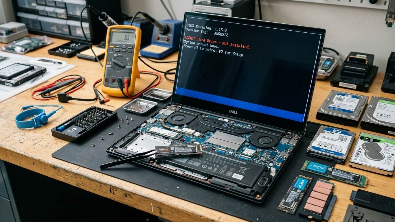 Dell laptop no bootable device causes hard drive SSD failure OS corruption BIOS misconfiguration loose cables logical errors bad sectors recover data repair guide India www.dataengineers.in