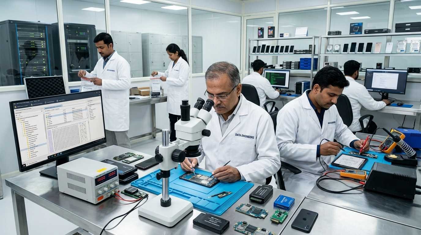 Android Data Recovery encrypted phone dead device locked mobile Samsung Xiaomi OnePlus Vivo Oppo boot loop broken screen chip-level forensic recovery secure extraction India www.dataengineers.in