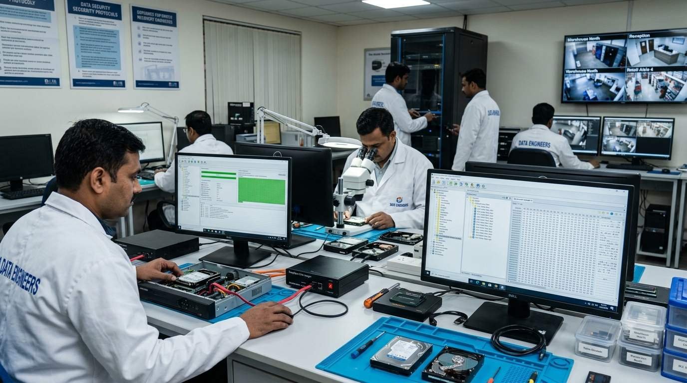 CCTV Footage Recovery DVR NVR diagnosis secure cloning deep scan video reconstruction deleted overwritten HDD SSD SD card recovery forensic CCTV data extraction India www.dataengineers.in