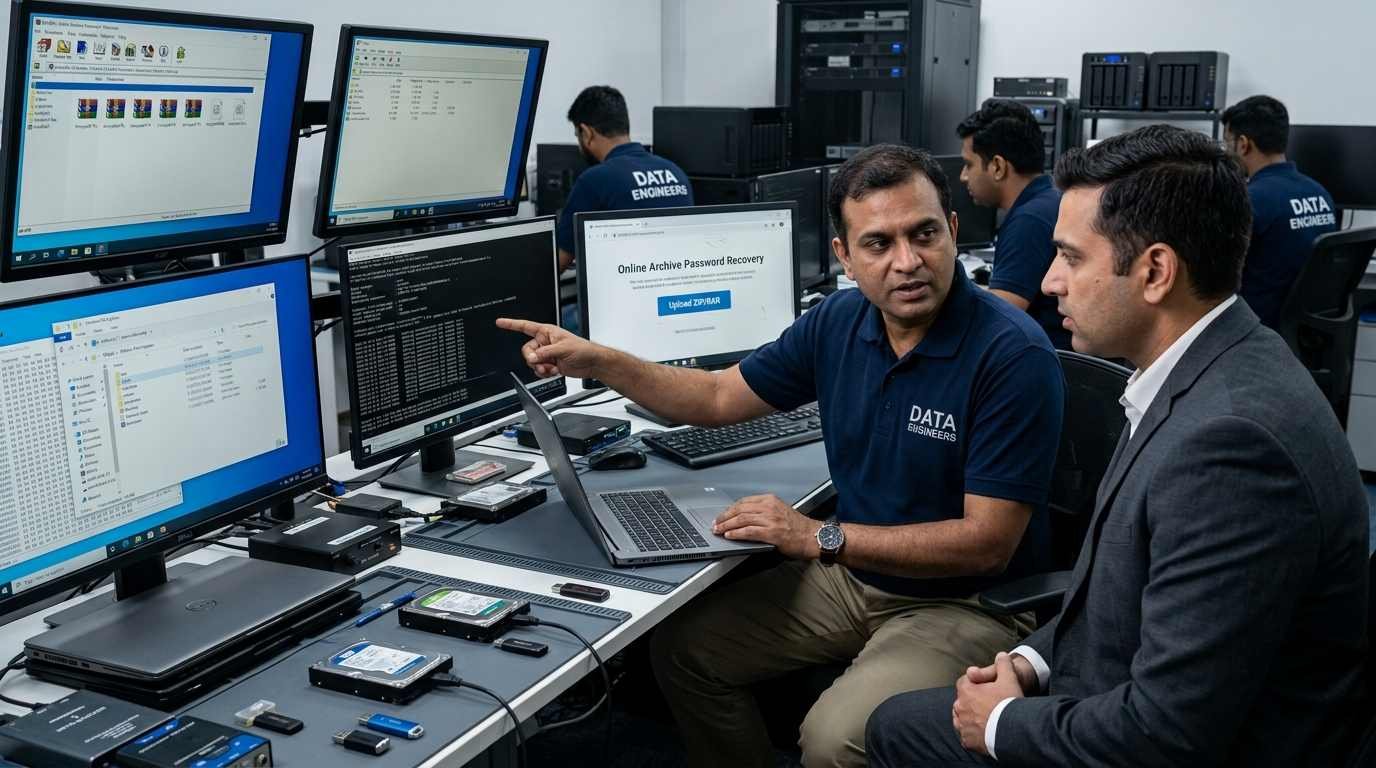 Encrypted Archive Security ZIP RAR 7Z ARJ online unlock risks AES encryption privacy malware secure file recovery confidential data protection India www.dataengineers.in