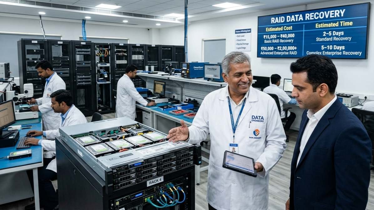 RAID Data Recovery Cost India RAID 0 RAID 1 RAID 5 RAID 6 recovery cost failed server NAS multiple disk failure recovery time enterprise storage secure RAID recovery India www.dataengineers.in