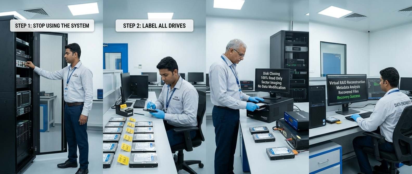 RAID Data Recovery Process stop using failed RAID server NAS label drives RAID 0 RAID 1 RAID 5 RAID 6 disk cloning virtual rebuild secure data extraction business recovery India www.dataengineers.in