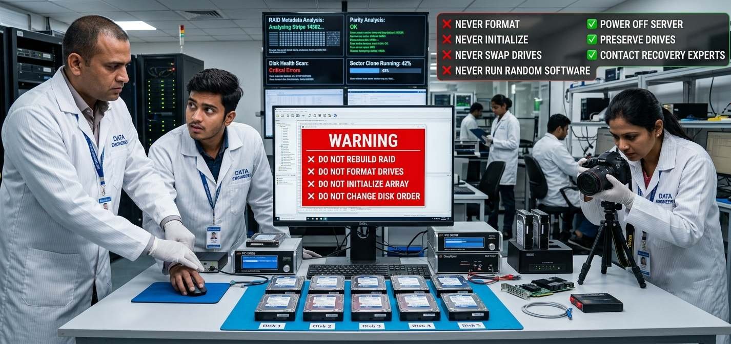 RAID Failure What NOT to Do failed RAID array server crash NAS failure RAID 5 RAID 6 RAID 10 multiple disk failure avoid rebuild avoid formatting professional data recovery India www.dataengineers.in