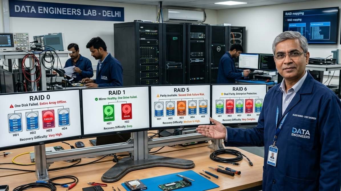 RAID Recovery Guide RAID 0 RAID 1 RAID 5 RAID 6 failure differences data recovery server crash NAS storage disk failure parity rebuild business recovery India www.dataengineers.in