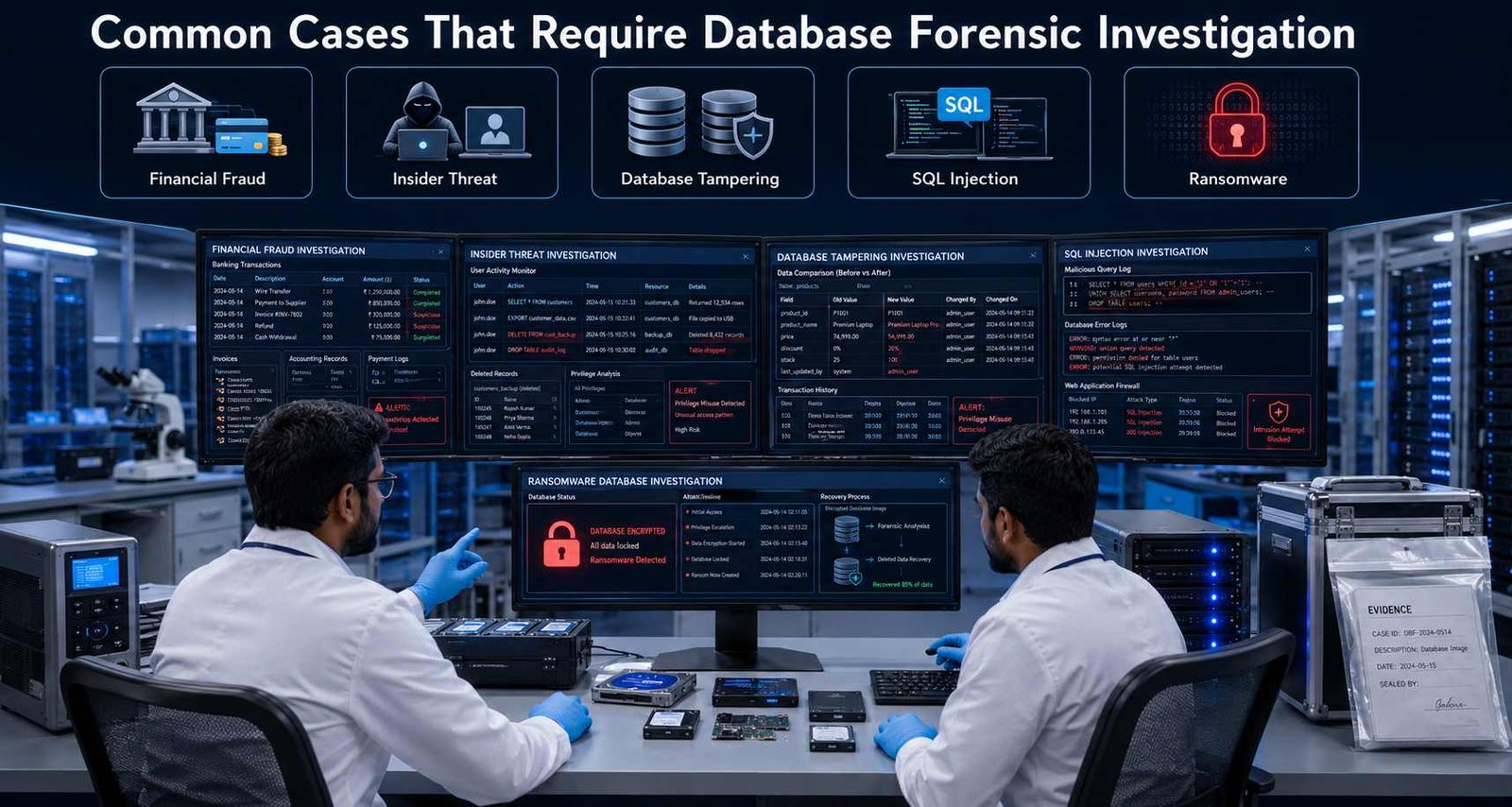 database forensic investigation financial fraud insider threat sql injection ransomware database tampering digital evidence analysis deleted database recovery www.dataengineers.in