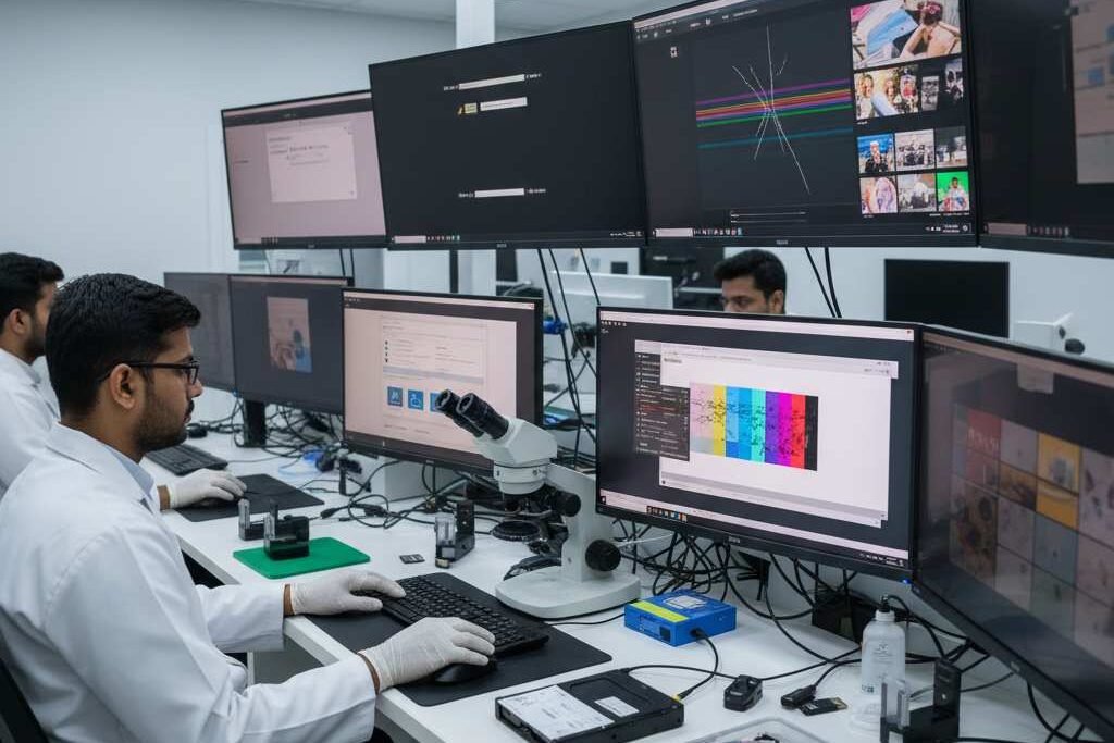 Corrupted data recovery services in india a high-tech lab recover corrupted photos videos audio from SD cards USB drives and NAND chips using advanced tools cleanroom practices www.dataengineers.in