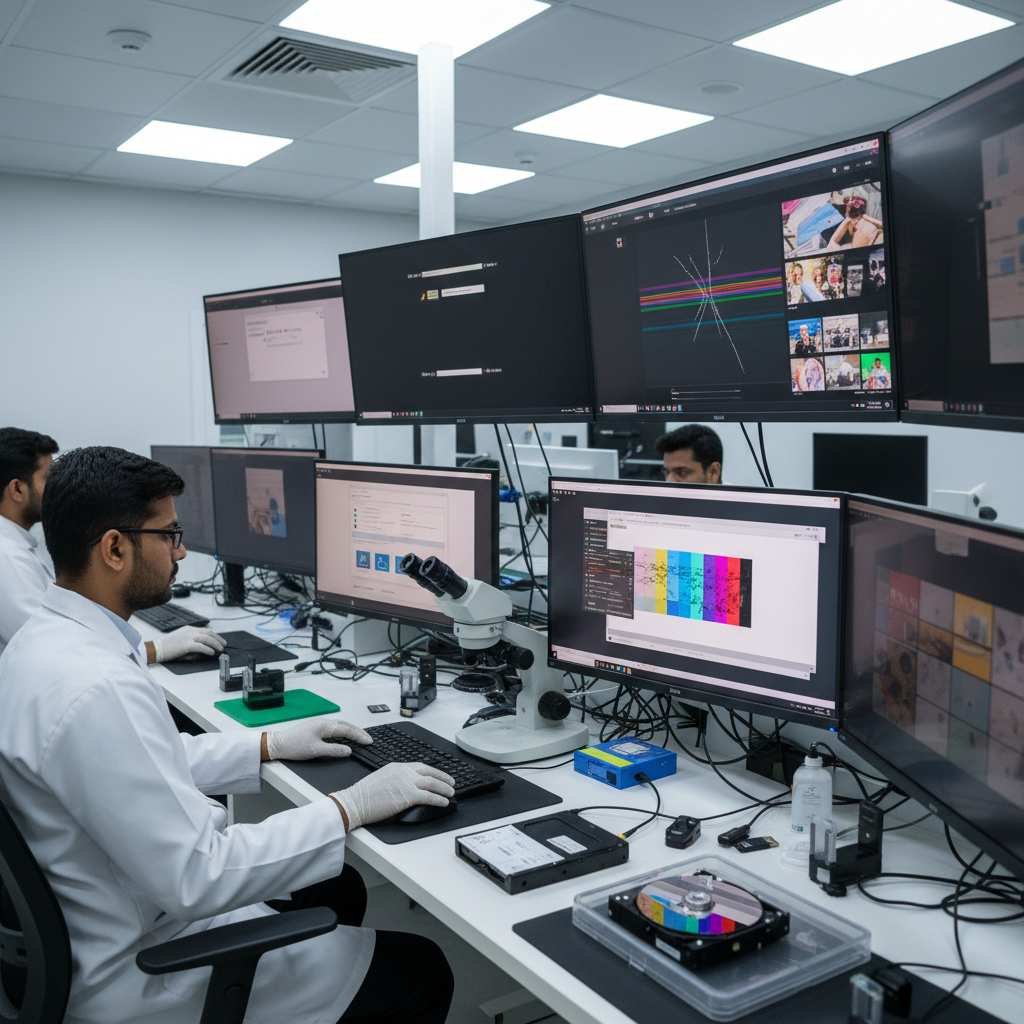 Corrupted data recovery services in india a high-tech lab recover corrupted photos videos audio from SD cards USB drives and NAND chips using advanced tools cleanroom practices www.dataengineers.in