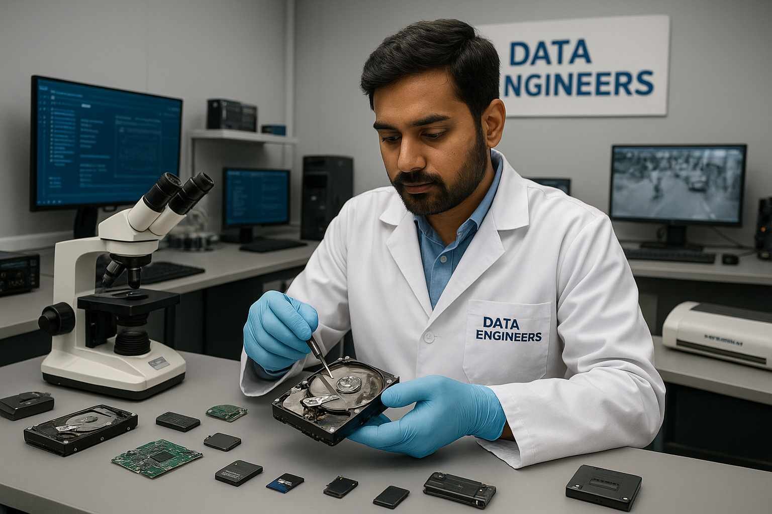 data recovery expert in cleanroom inspecting opened hard drive using advanced tools repairing hard drive sd cards ssd trusted professionals with my devices at www.dataengineers.in