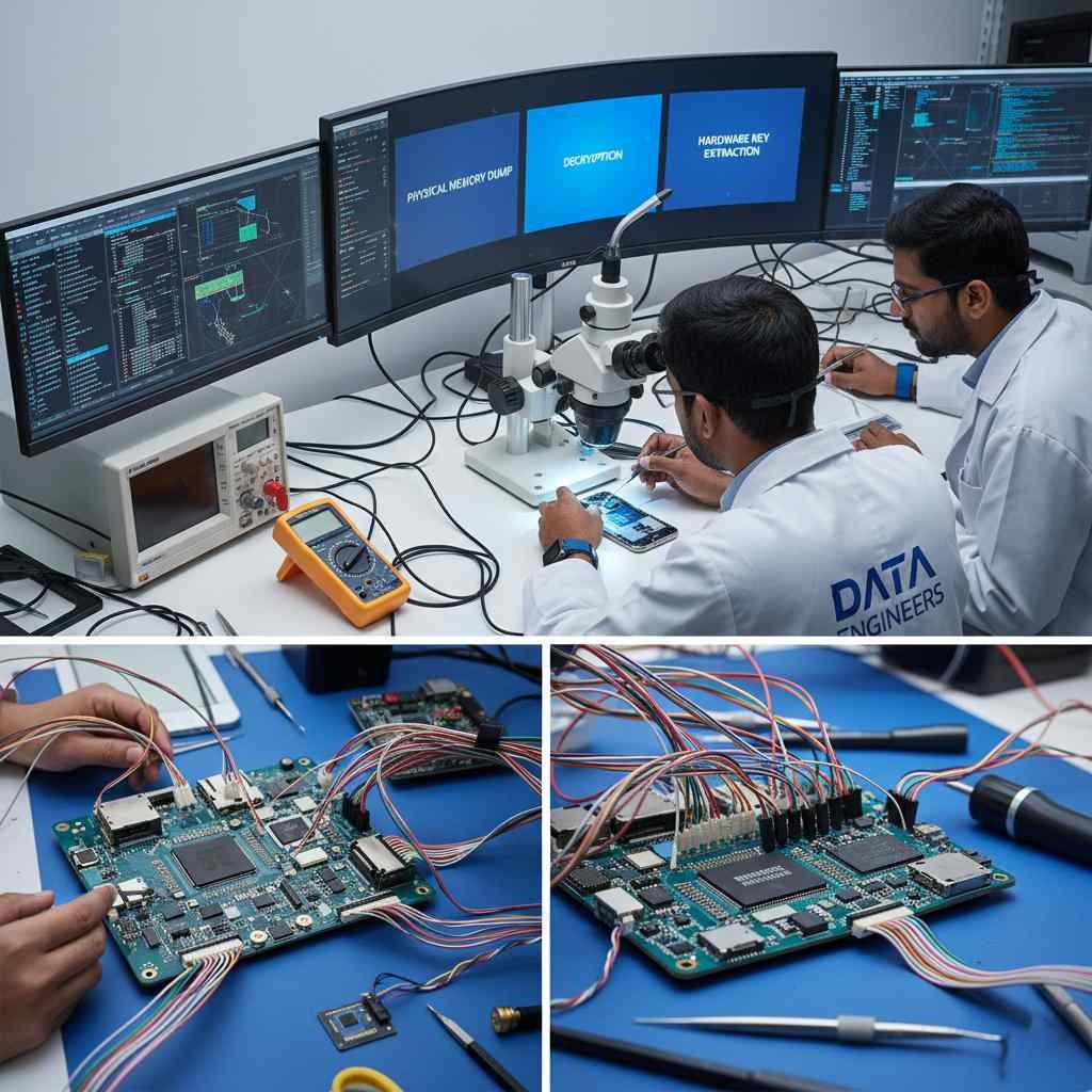 mobile forensics extract physical memory dump bin chip off bootloader test point exploits forensic analysis law enforcement india www.dataengineers.in