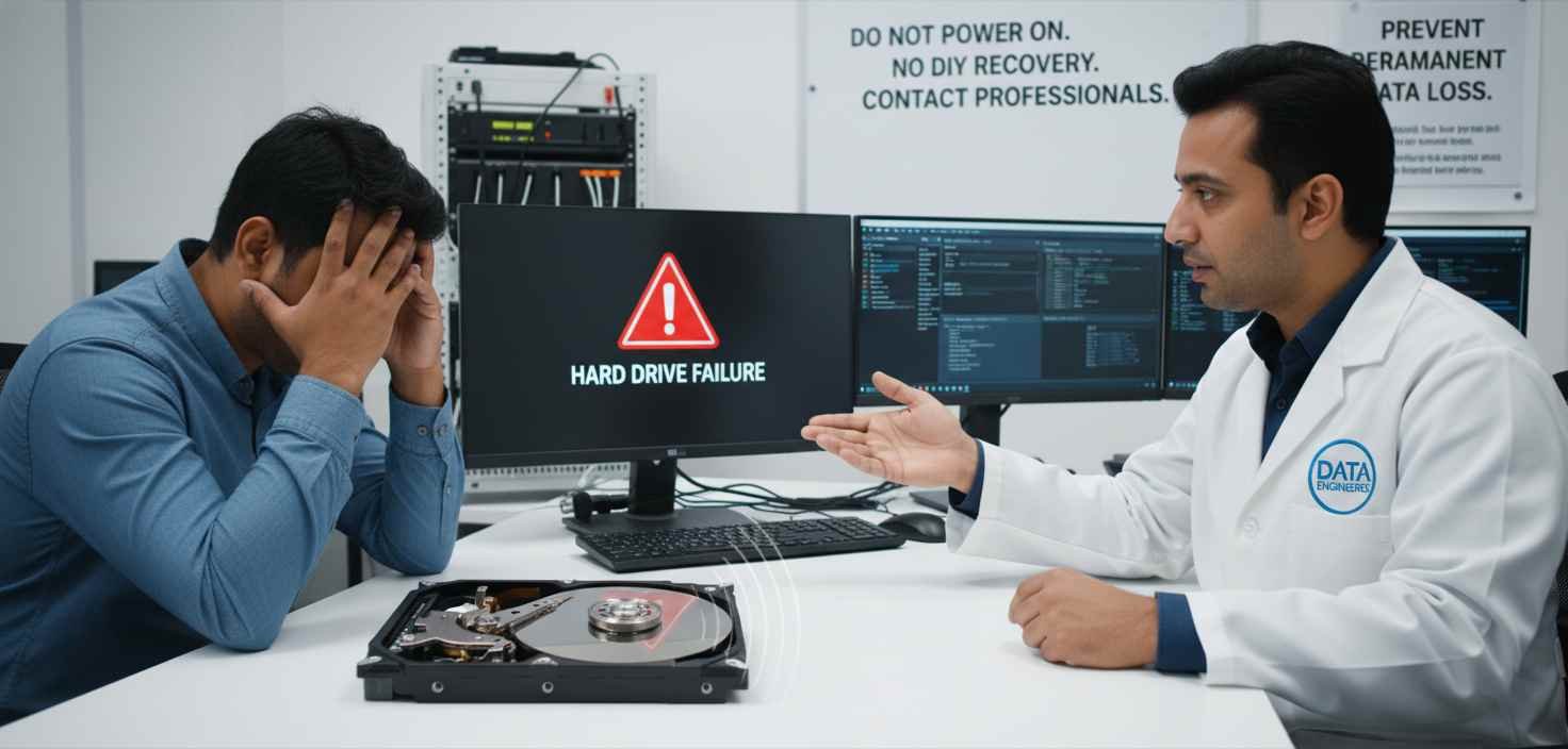 physically damaged hard drive recovery 2025 mechanical failure noise spinning data loss DIY risk professional help data engineers india urgent recovery service www.dataengineers.in