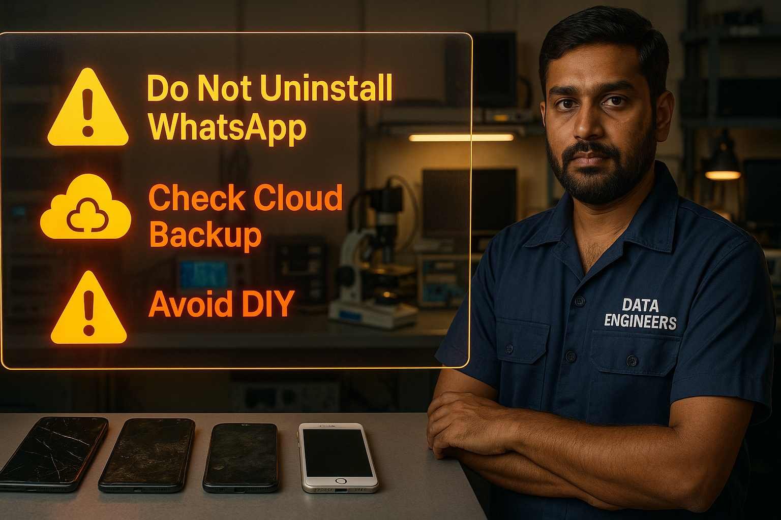 whatsapp data loss warning backup error android iphone no backup found broken dead phone bootloop water damaged samsung apple oppo vivo forensic recovery india www.dataengineers.in