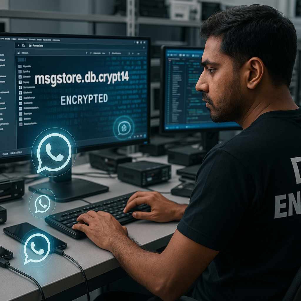 whatsapp recovery local database crypt14 crypt12 encrypted msgstore broken android dead phone damaged storage chip off microsoldering extract chats photos videos deleted www.dataengineers.in