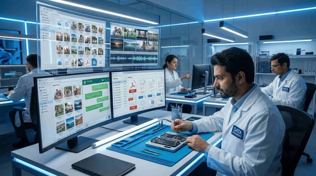 android data recovery photos screenshots camera images videos screen recordings audio voice contacts call logs sms mms whatsapp documents app downloads sd card forensic www.dataengineers.in