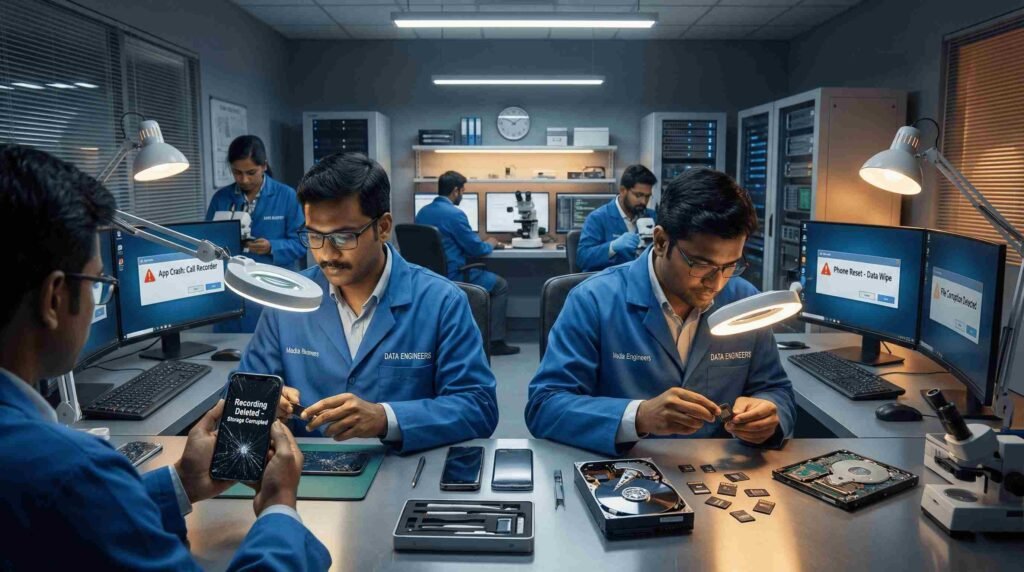 call recording data loss deleted audio app cache cleared uninstall reset update storage corruption sd card malware secure forensic recovery India www.dataengineers.in