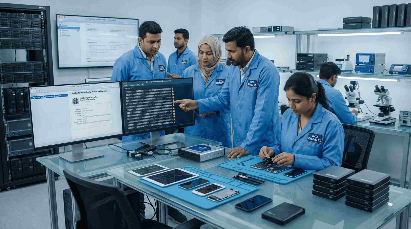 iPhone backup recovery iTunes iOS app data restore lost photos messages contacts encrypted backup secure extraction forensic tools India www.dataengineers.in